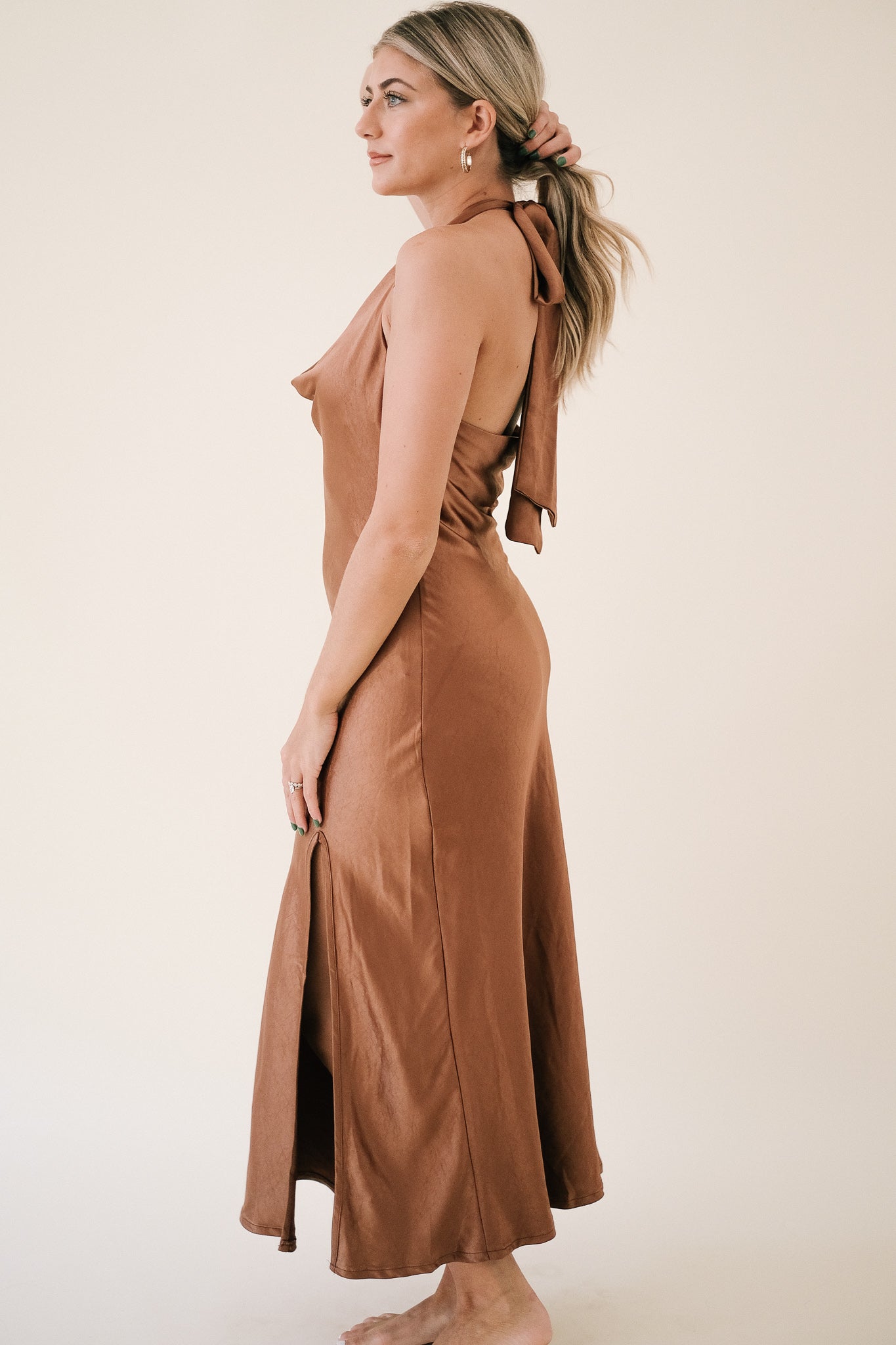 Jasmine Satin Halter Midi Dress (Copper)