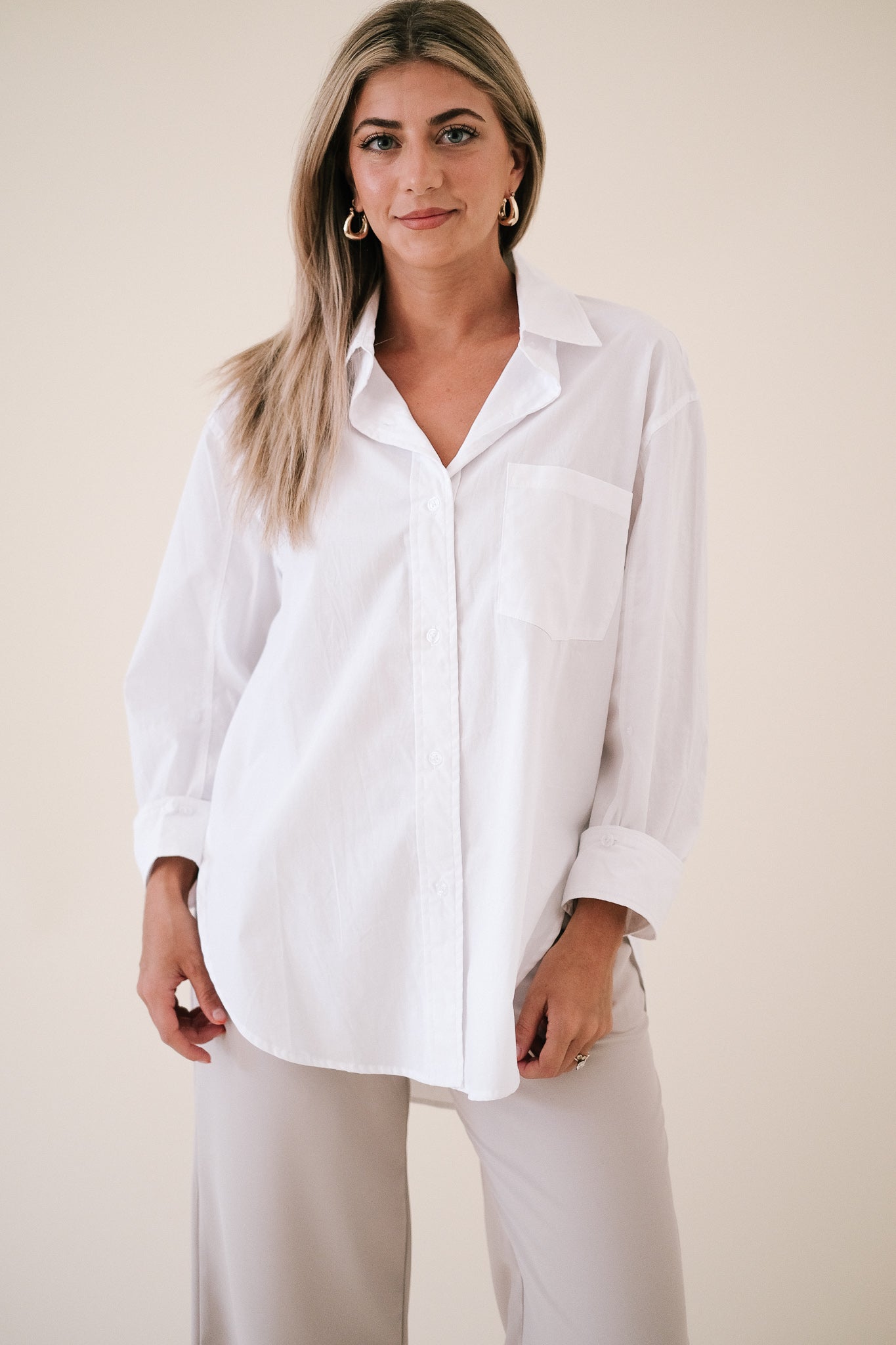 Lucy Solid Oversized Button Shirt (White)