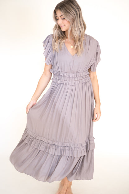 Vanessa Ruffle Peplum Midi Dress (Smoke)