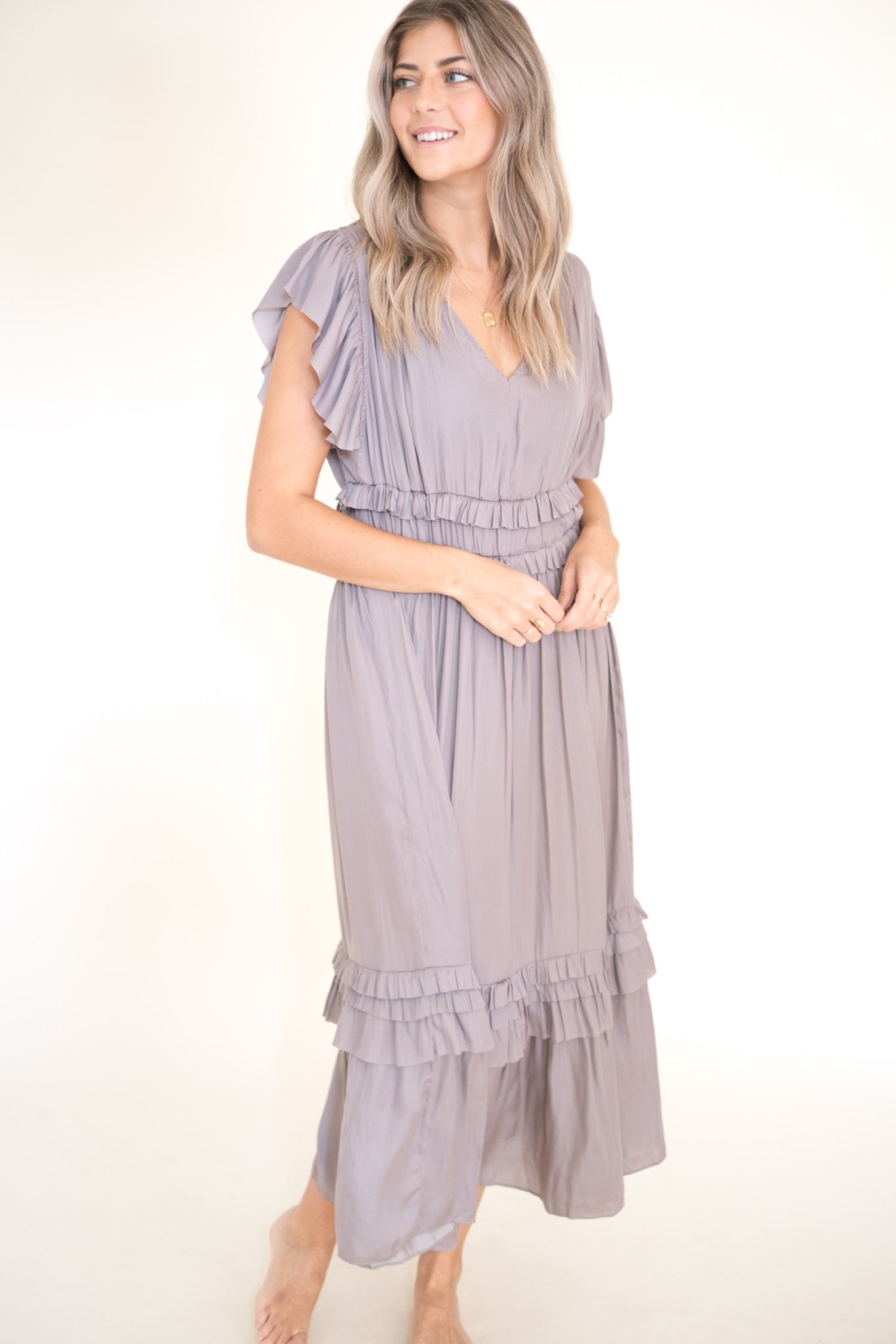 Vanessa Ruffle Peplum Midi Dress (Smoke)