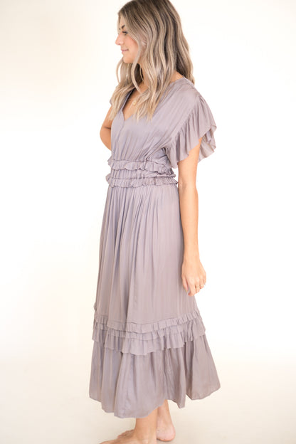 Vanessa Ruffle Peplum Midi Dress (Smoke)