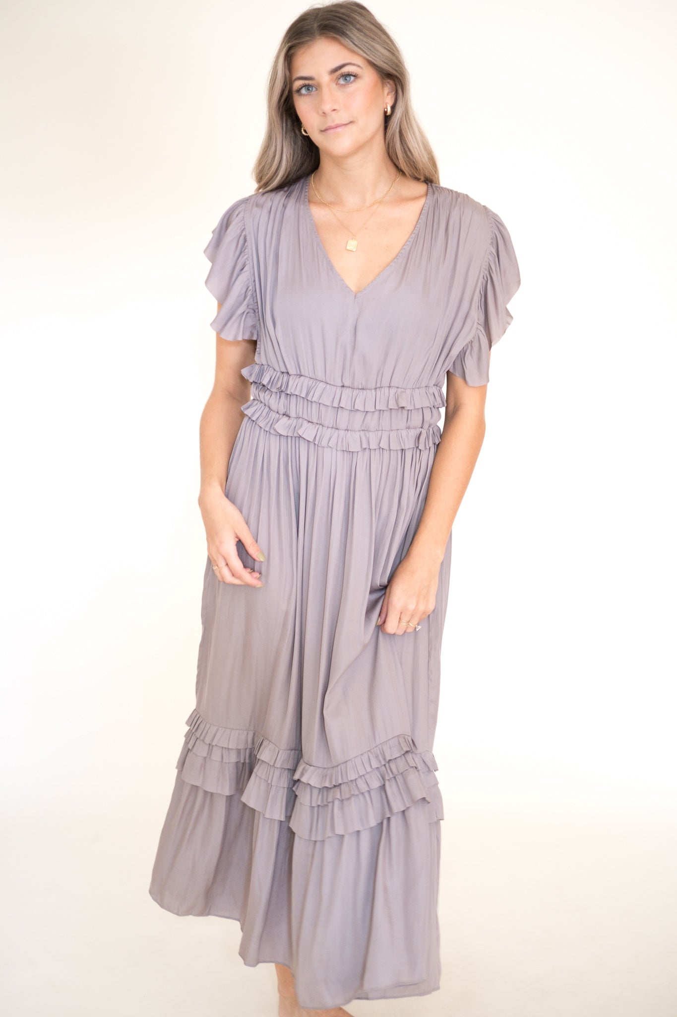 Vanessa Ruffle Peplum Midi Dress (Smoke)