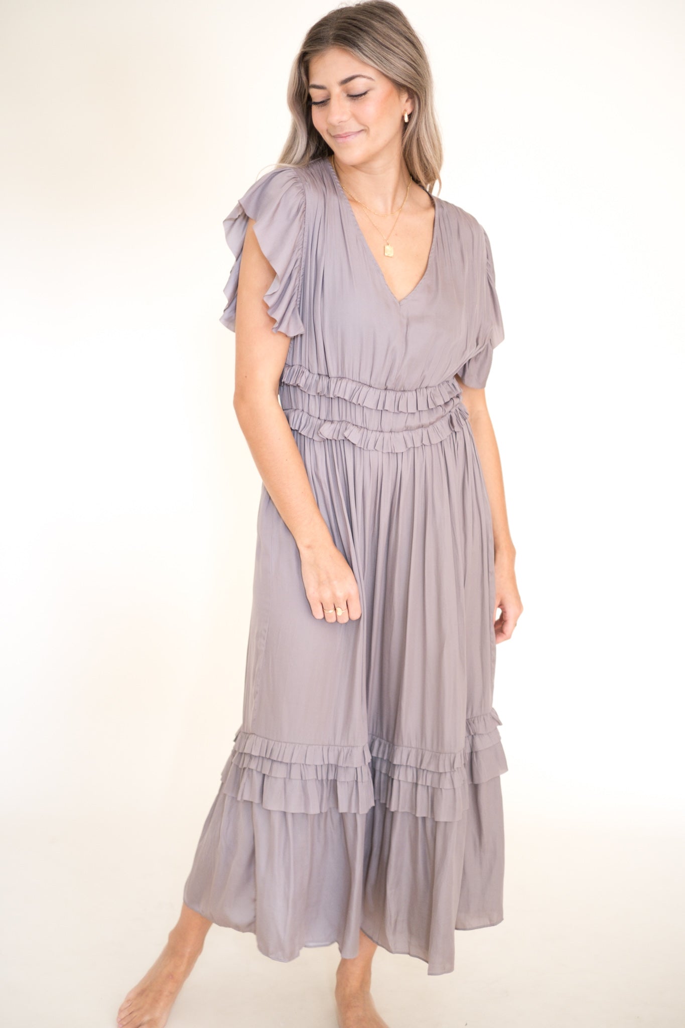 Vanessa Ruffle Peplum Midi Dress (Smoke)