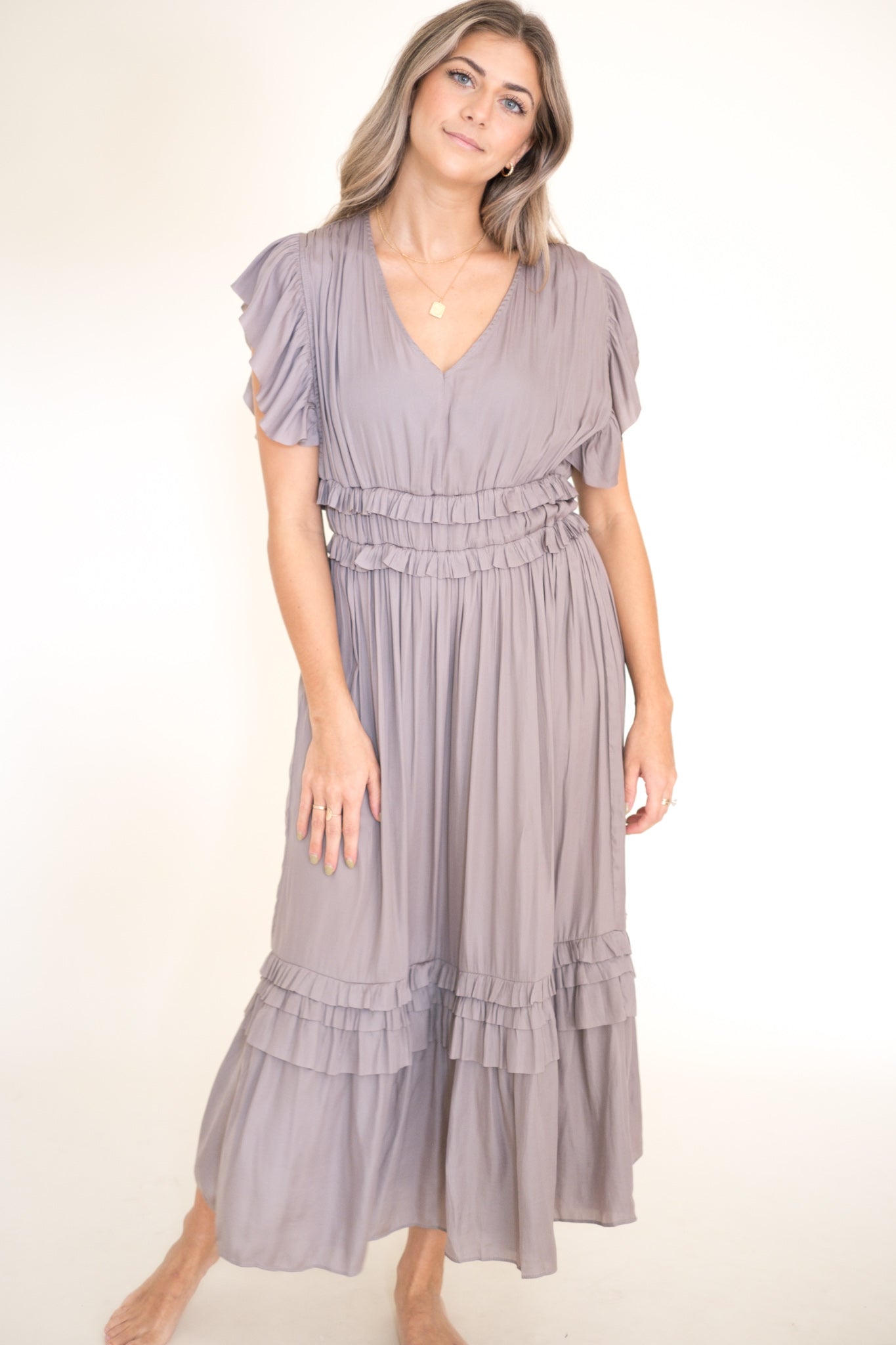 Vanessa Ruffle Peplum Midi Dress (Smoke)