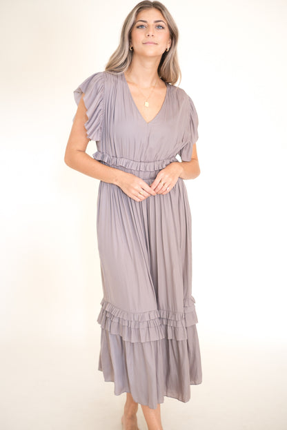 Vanessa Ruffle Peplum Midi Dress (Smoke)