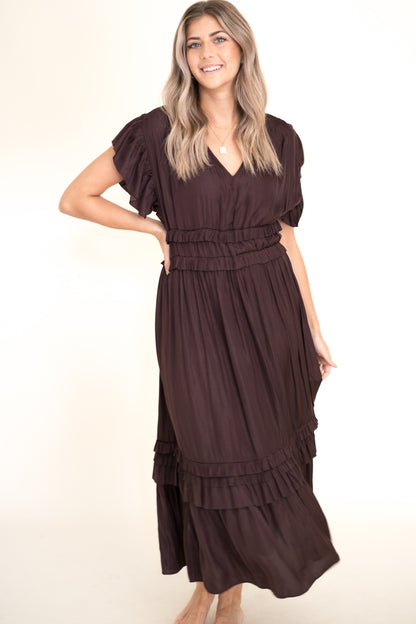 Vanessa Ruffle Peplum Midi Dress (Eggplant) S