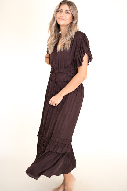 Vanessa Ruffle Peplum Midi Dress (Eggplant) S