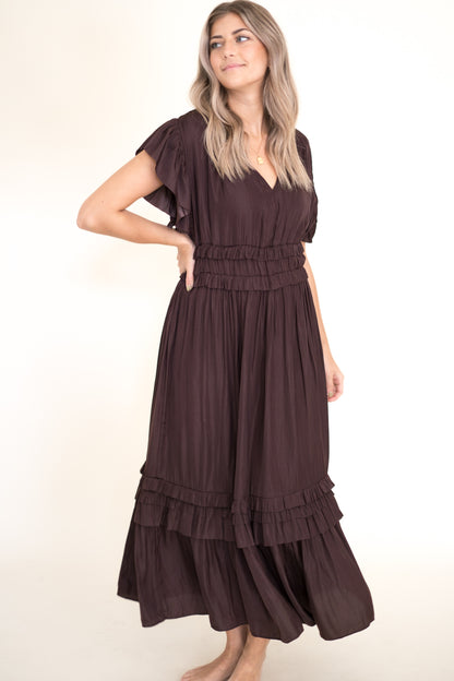 Vanessa Ruffle Peplum Midi Dress (Eggplant) S