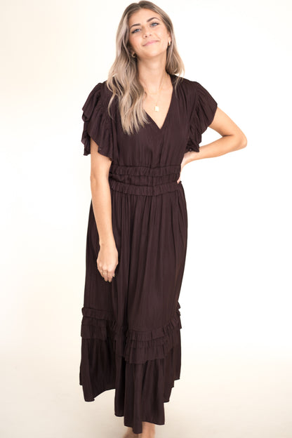 Vanessa Ruffle Peplum Midi Dress (Eggplant) S