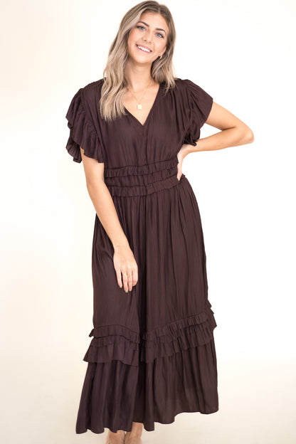 Vanessa Ruffle Peplum Midi Dress (Eggplant) S