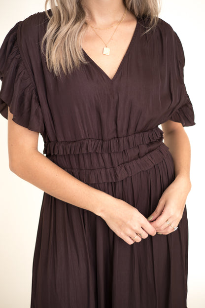 Vanessa Ruffle Peplum Midi Dress (Eggplant) S