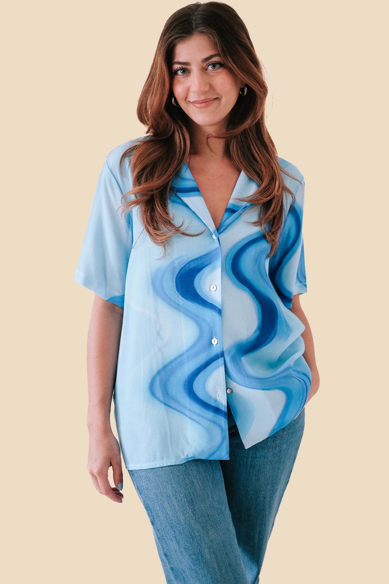 FRNCH Chelly Blue Haze Swirl Collared Button Top